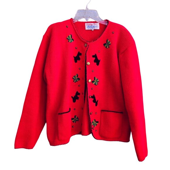 Tally-Ho Creation Sweaters - 80s Scottie Dog Cardigan Red Embroidered Knit Vintage Novelty Sweater